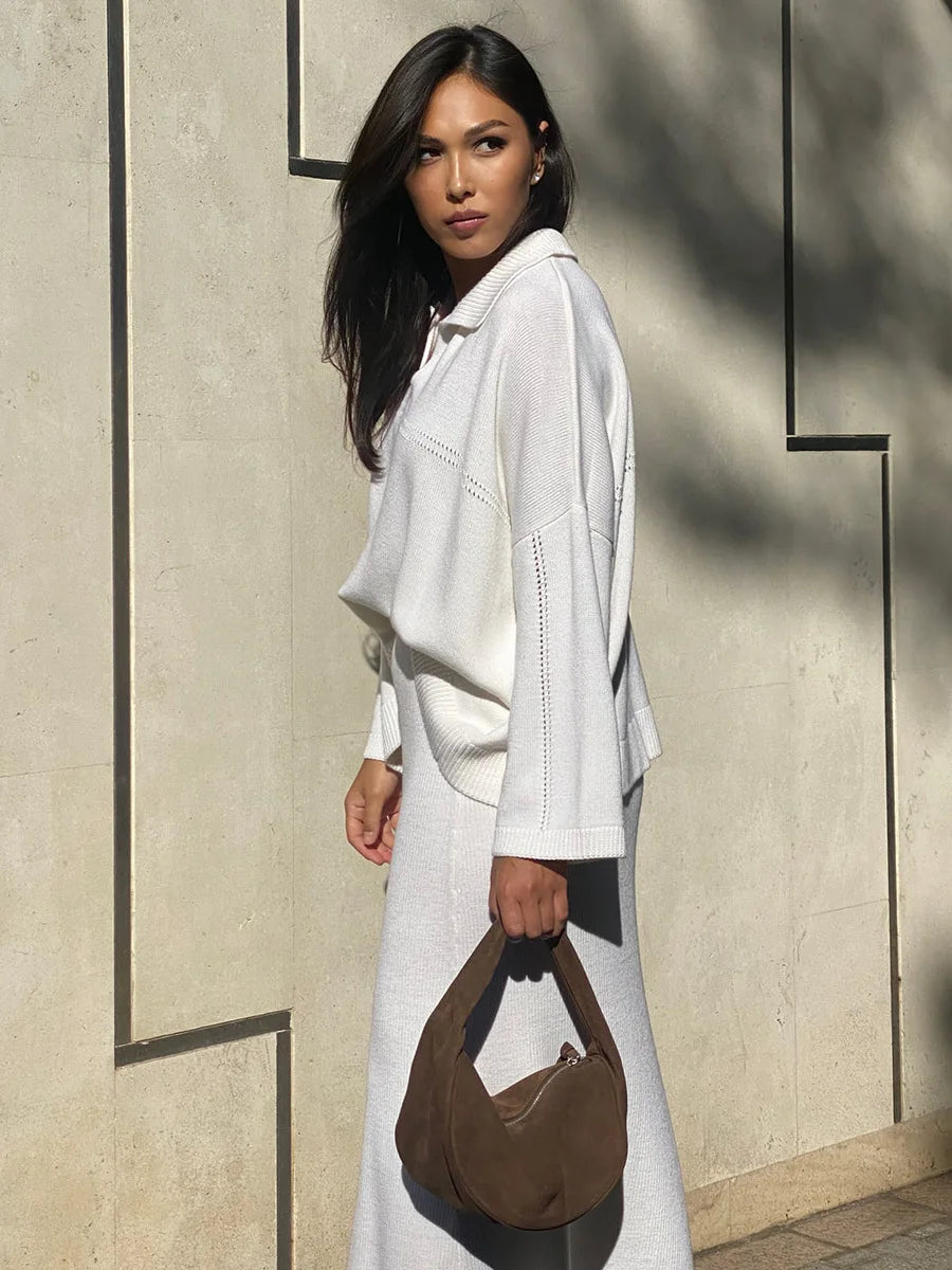 Women's Loose Sweater V-Neck Knit Pullover Top and Long High Waist Skirt 2 Piece Set