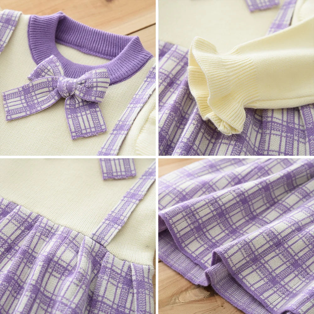 Girl's Long Sleeved Round Neck with Checkered Bow Patchwork Dress