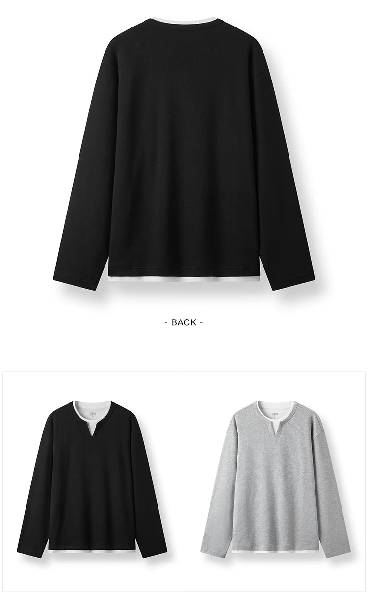 Colorblock Layered Look Waffle Texture Long Sleeve T-Shirt - Men's Loose Fit Top