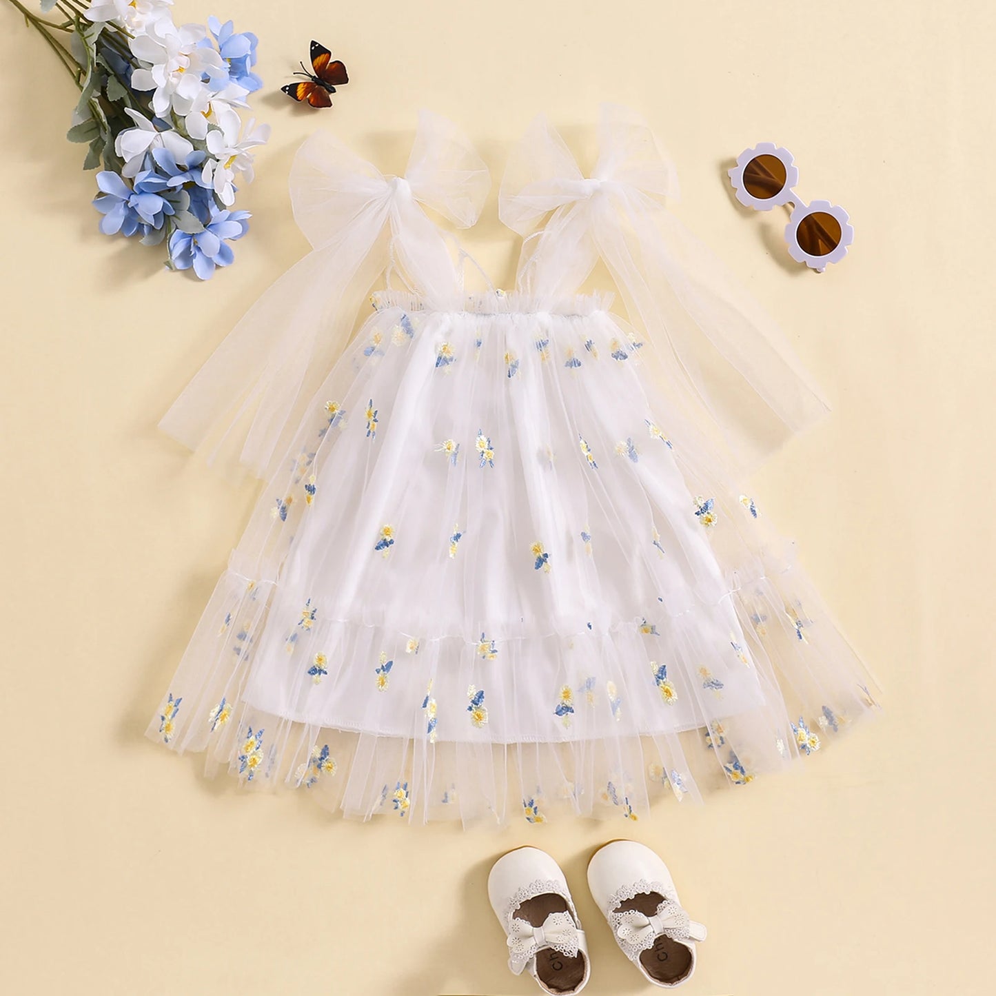 Summer Baby Girls Princess Dress 0-3Y Sleeveless Straps Print Mesh Tulle Sundress with Butterfly Wing
