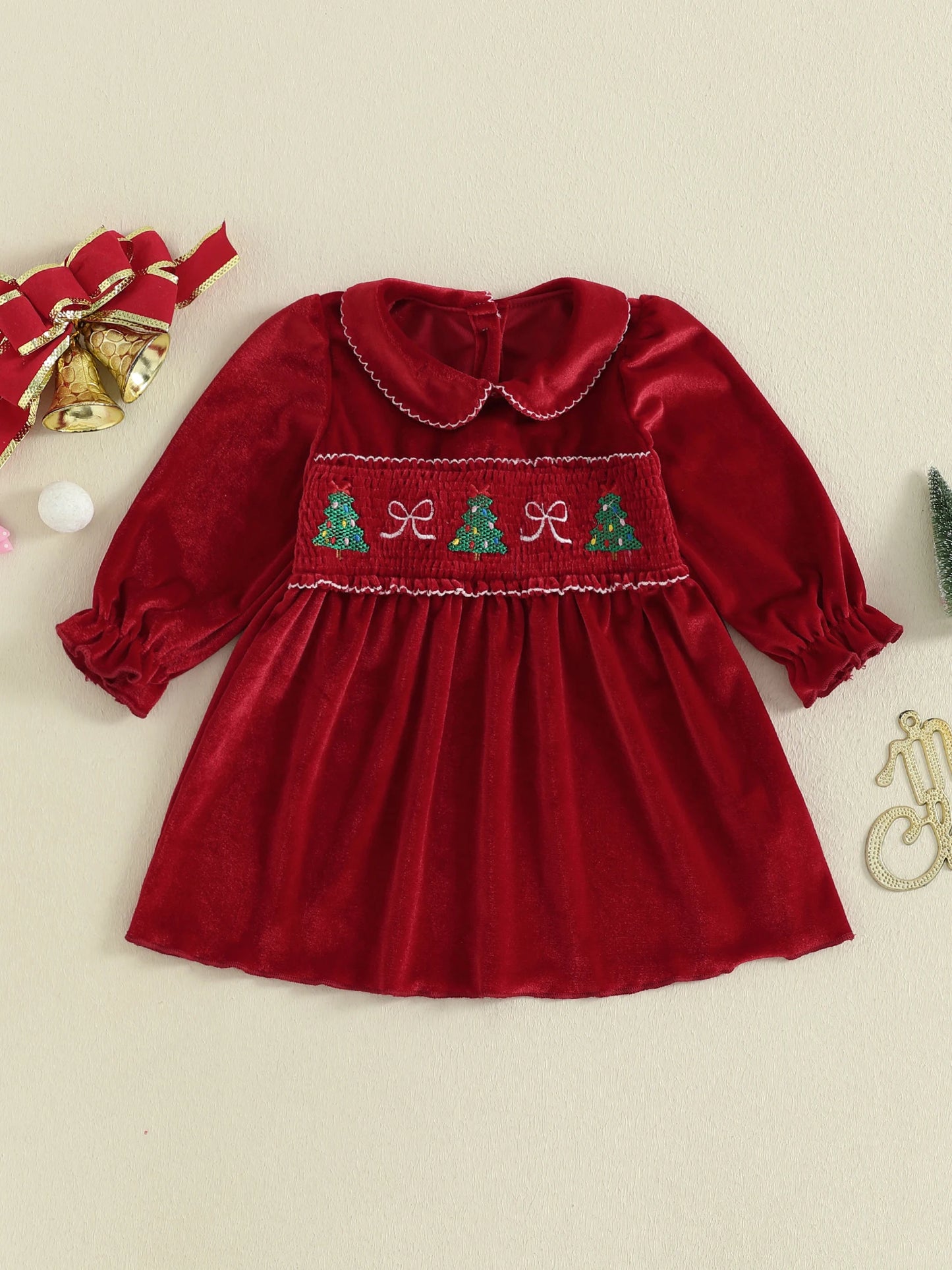 Lovely Kids Girls Christmas Velvet Dress - Xmas Tree Embroidery Doll Collar A-Line (0-4Y)