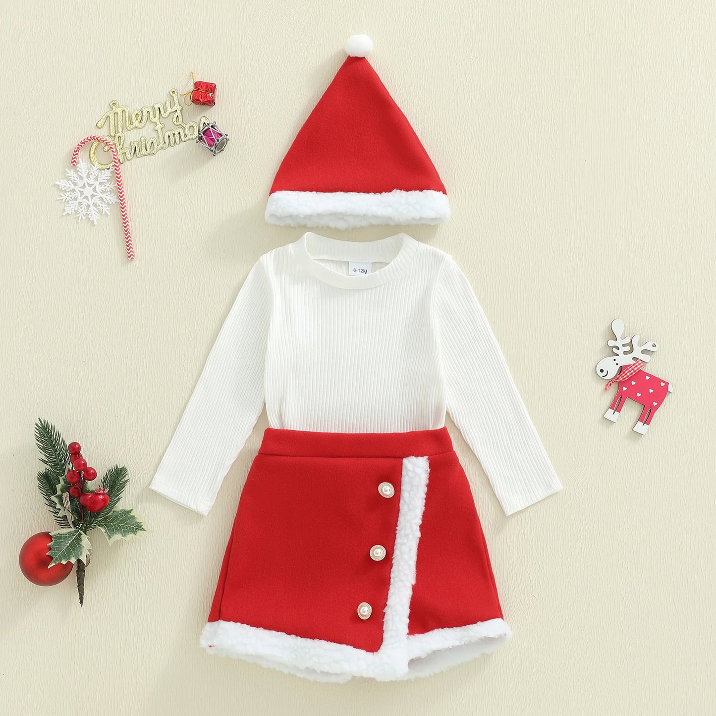 Baby Girls Christmas Outfit Set - Long Sleeve Top, Skirt Shorts & Santa Hat (0-4Y)