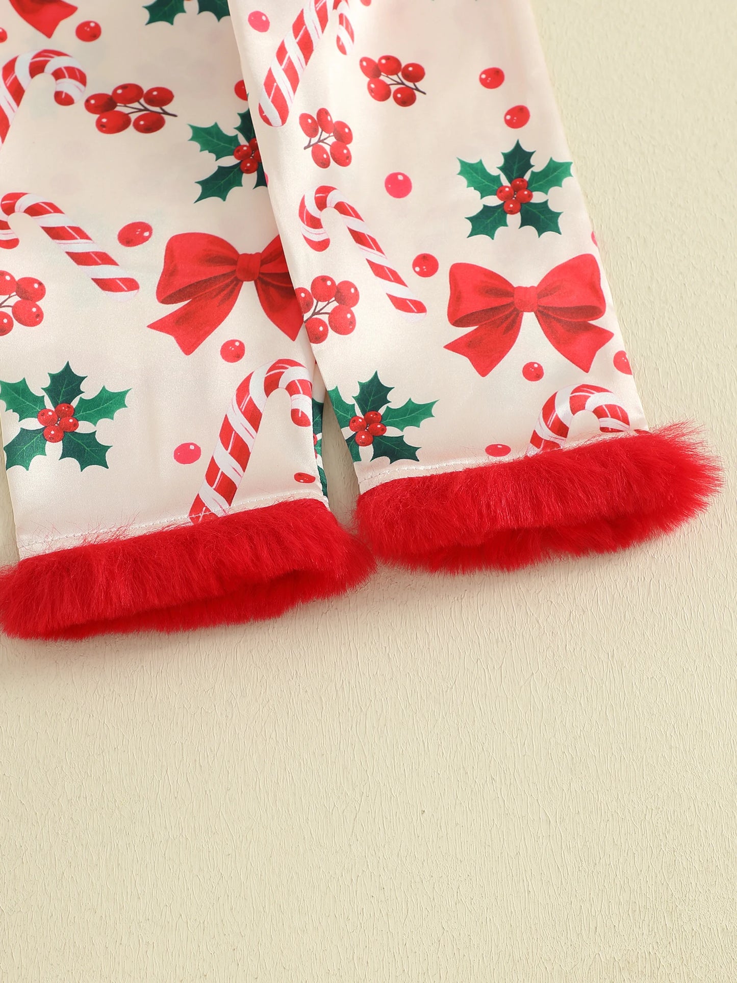 Kids Girls Christmas Satin Pyjamas Set - Candy Cane Bow Print Button Down Top & Pants (0-7Y)