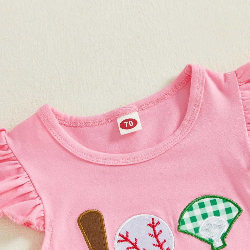 Baby Girls Summer Clothes Set - Baseball Embroidery Ruffle T-Shirt & Shorts
