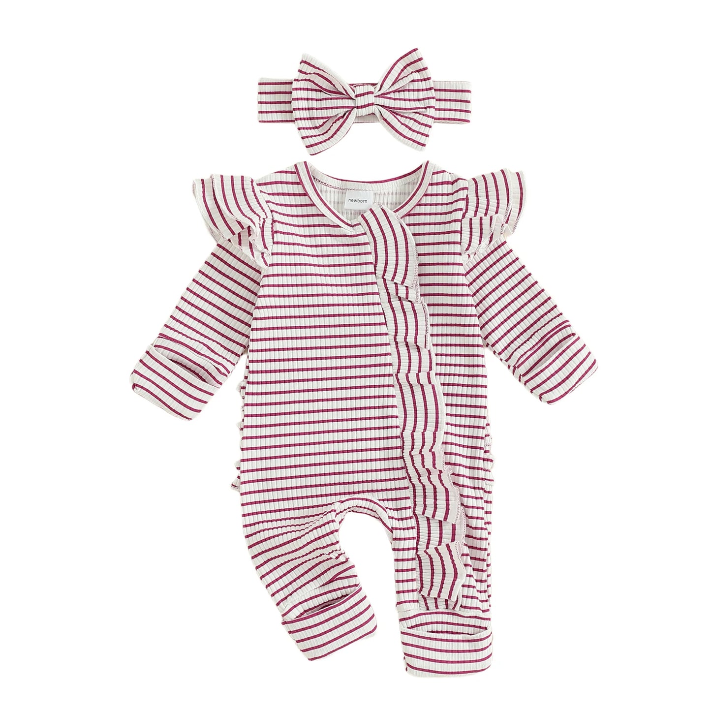 Newborn Baby 2-Piece Romper Outfit Set - Striped Jumpsuit with Headband