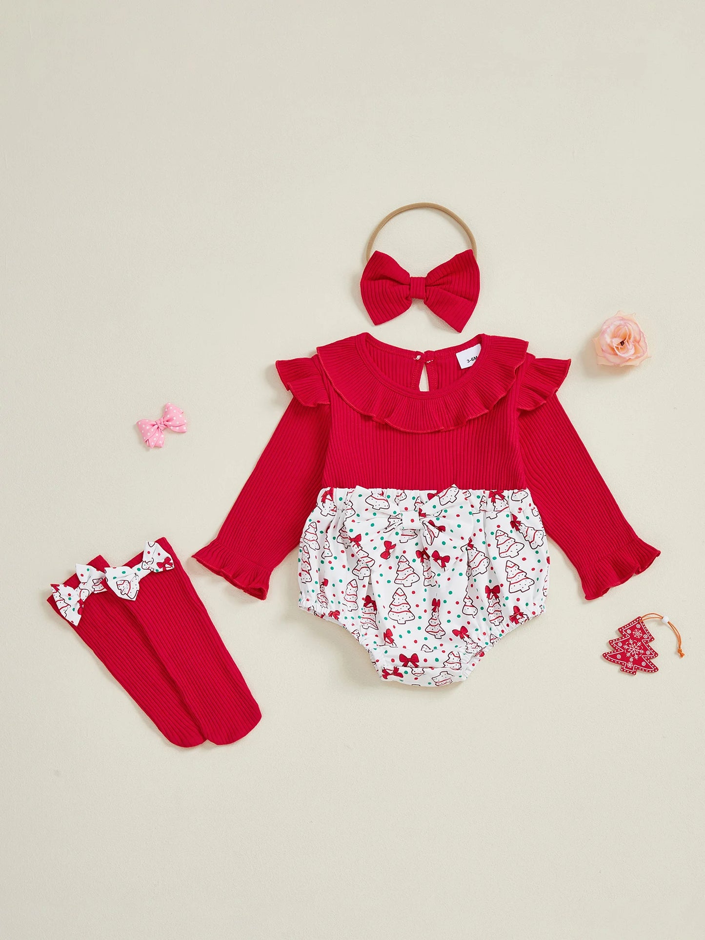 Baby Girls Christmas Romper Set - Santa Tree Bow Print Long Sleeve Ruffle Jumpsuit with Headband & Socks