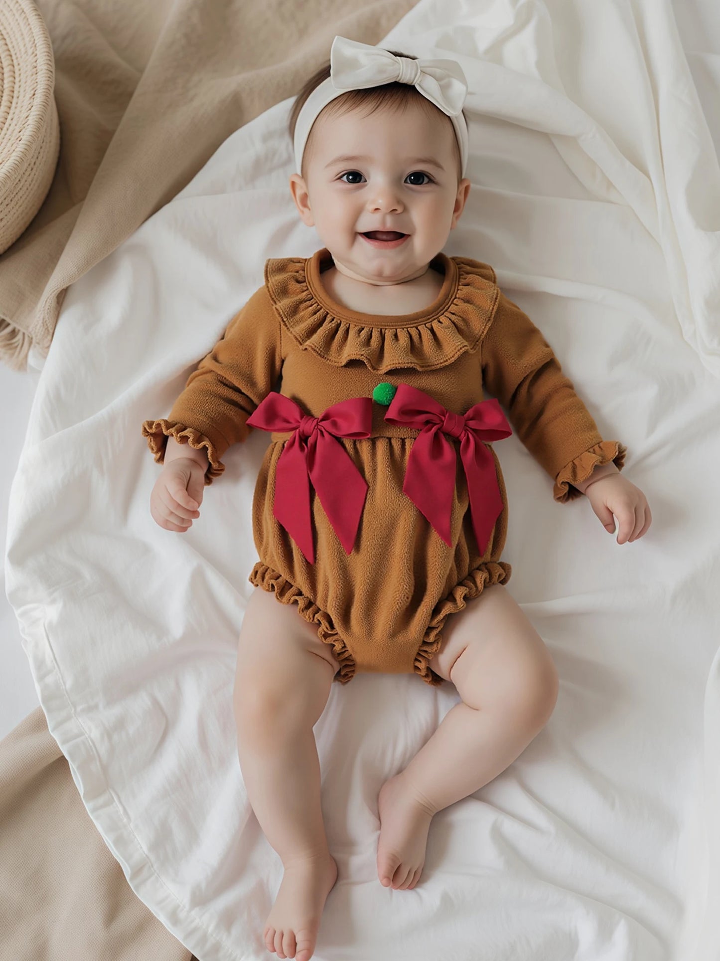 Baby Girls Christmas Romper - Plush Gingerbread Costume with Bow Detail