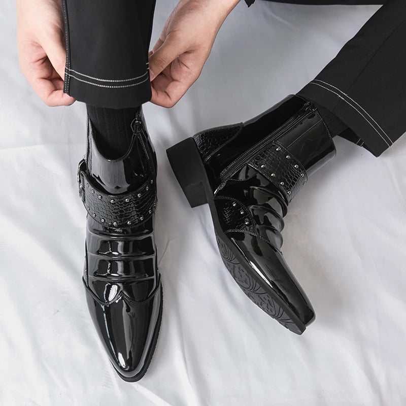 Men's Pointed Toe Motorcycle Boots - Patent Leather Metal Rivet Party Shoes