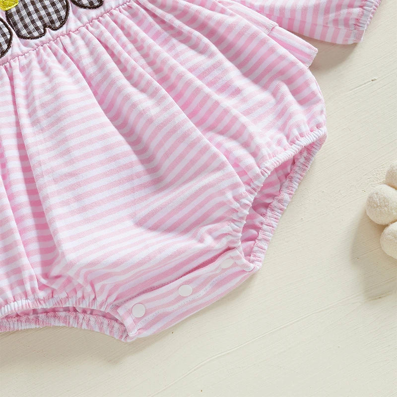 Baby Girls' Easter Spring Romper - Rabbit Embroidery Long Sleeve Striped Jumpsuit