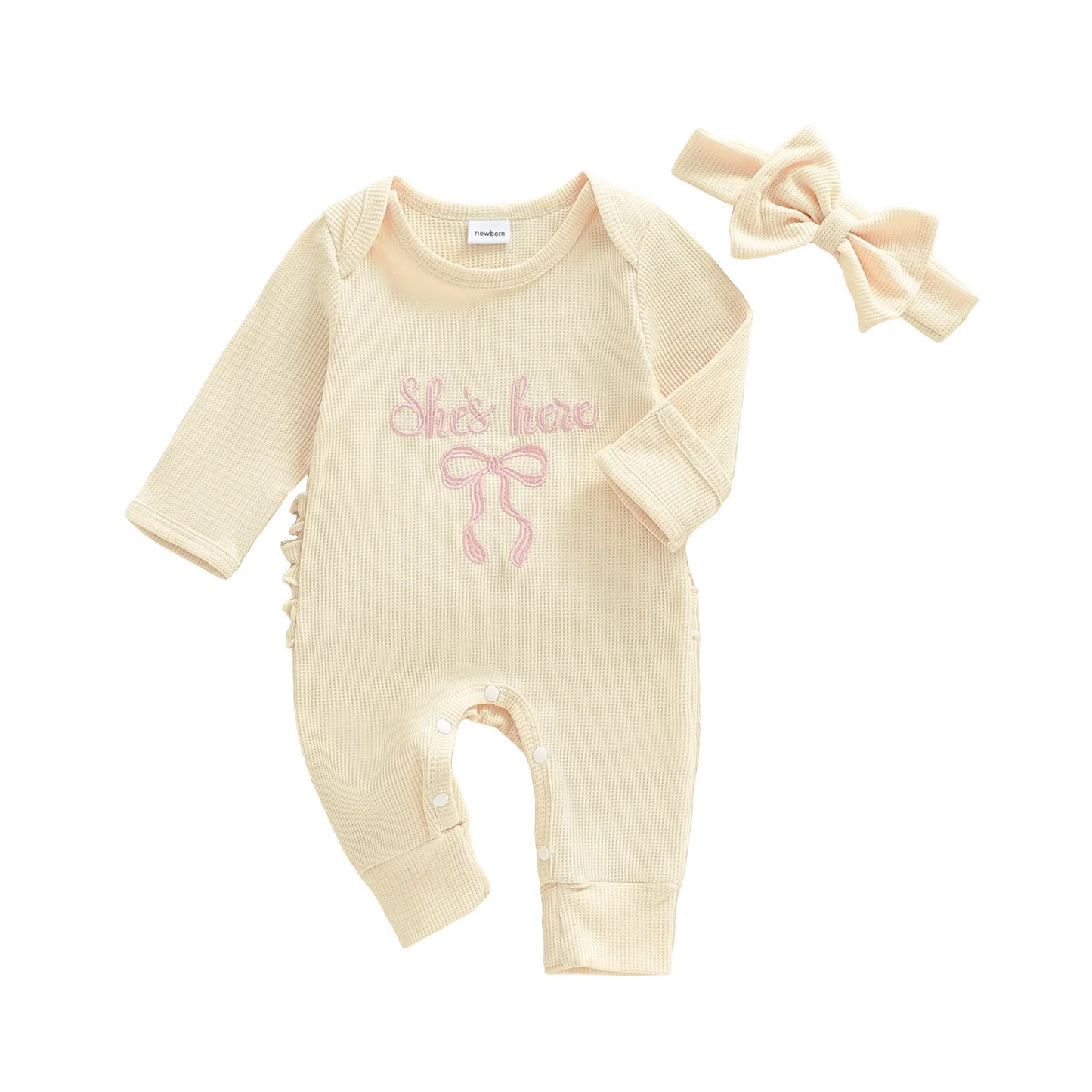 Newborn Baby Fall Winter Romper - Bow Letter Print Waffled Jumpsuit with Headband (0-6M)