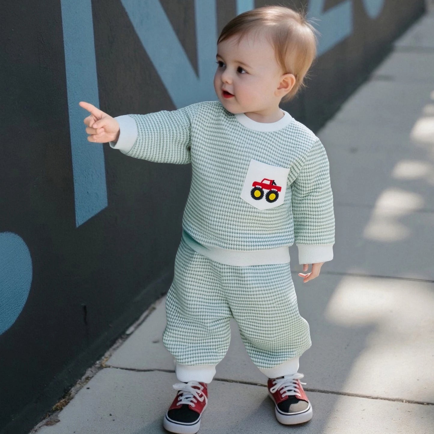 Baby Boy's Outfit Set - Duck/Truck Embroidered Striped Sweatshirt & Pants