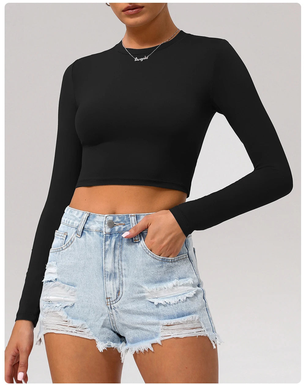 Women's Slim Fit Yoga Shirt Solid Colour Long Sleeve Gym Running Top Breathable Quick Dry Workout Crop Top Sportswear