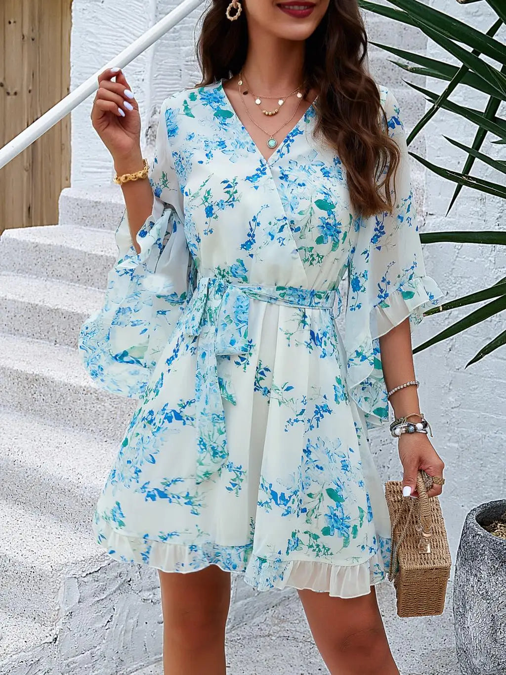 Women's Autumn Winter Half Sleeve Flower Print Elegant V-neck Casual A-Line Knee-Length High Waist Dress