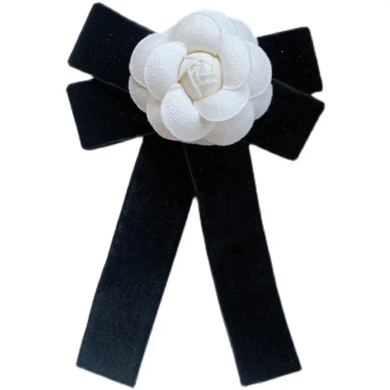 Elegant Fabric Bow Tie Brooch - Camellia Flower Design Collar Pin