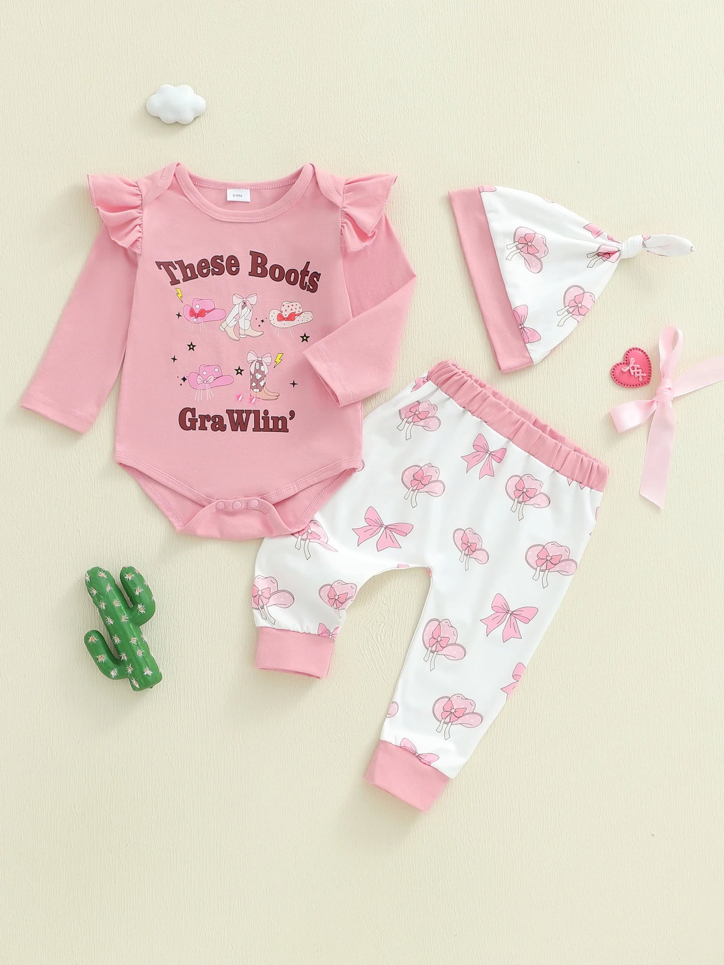 Baby Girls Western Fall Winter Clothes Set - Long Sleeve Boots Letters Print Romper with Bow Pants & Hat