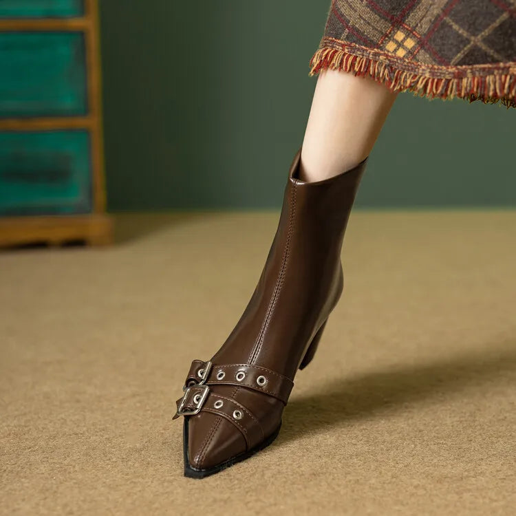 Women's Leather Metal Belt Buckle Short 6cm Square Heel Rivet Boot Back Zipper Boots