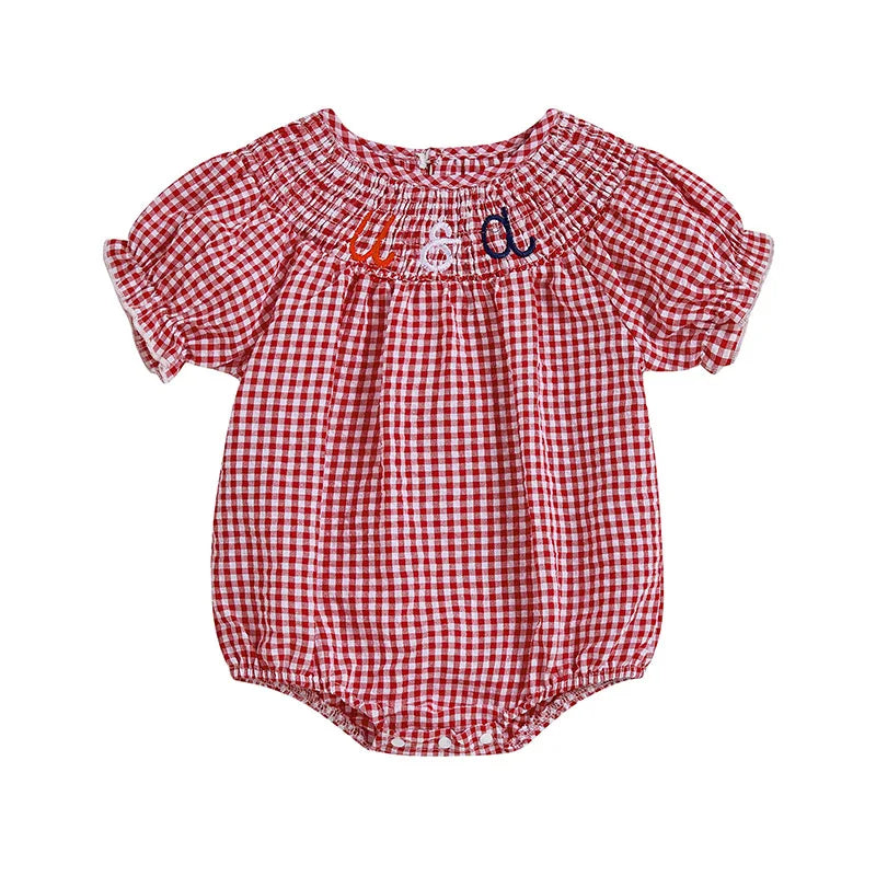 Baby Girls Independence Day Rompers - 3 Colors Letter Embroidery Plaid Print Short Sleeve Jumpsuits