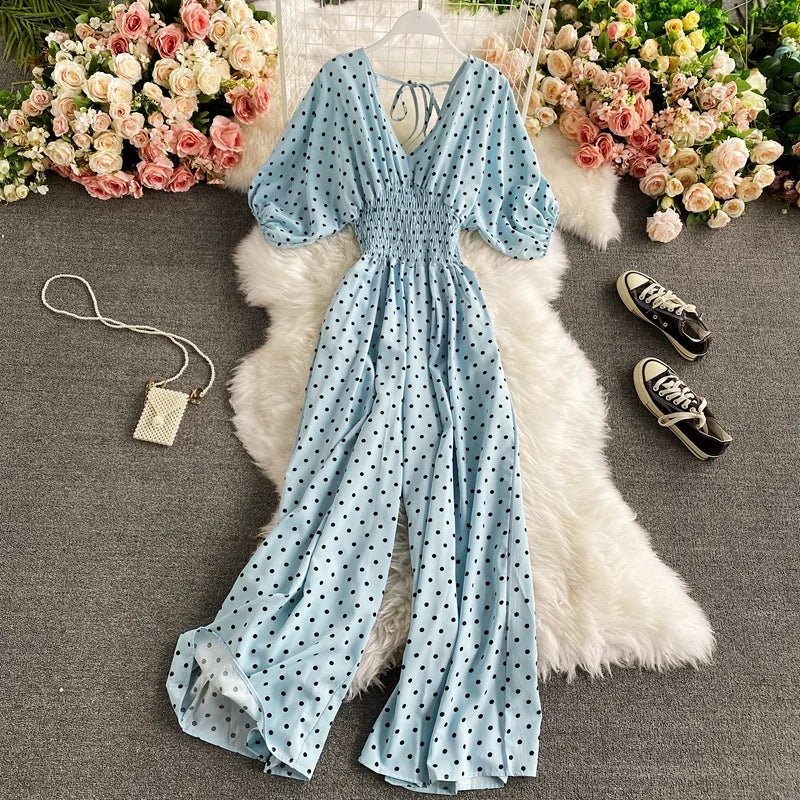 Women's V-Neck Polka Dot Jumpsuit - Wide Leg Trousers with Dolman Sleeves