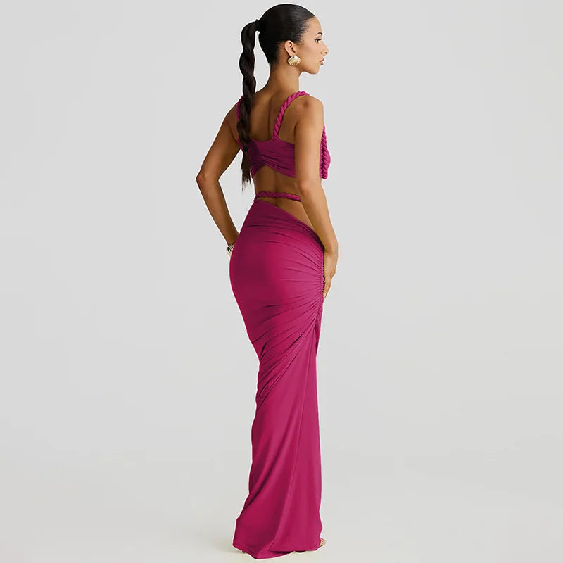 Women's Ruched Bandage 2 Piece Set Backless Decorative Cord Top and Skirt Dress Set