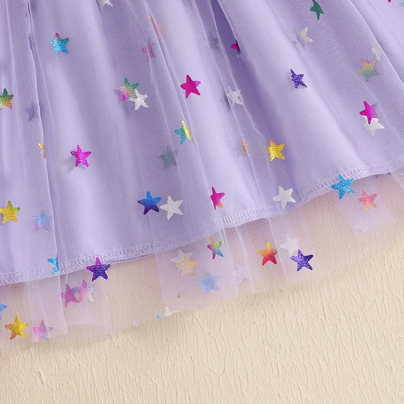 0-4YBaby Girls Summer Dress Glitter Star/Flower Print Fly Sleeve Square Neck Mesh Tulle Summer Dressress
