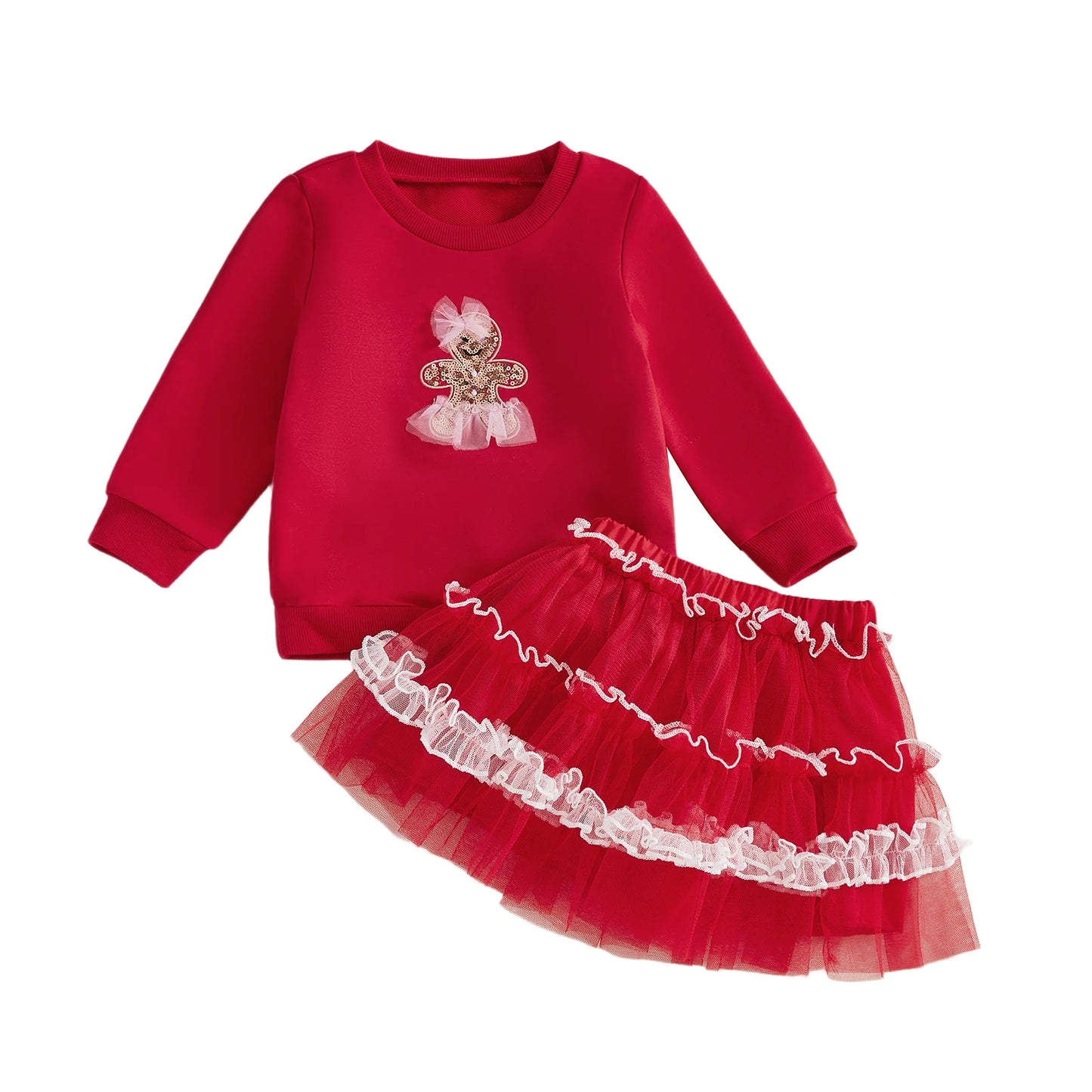 Kids Girls Christmas Outfit Set - Long Sleeve Xmas Embroidery Sweatshirt & Tulle Skirt (0-4Y)