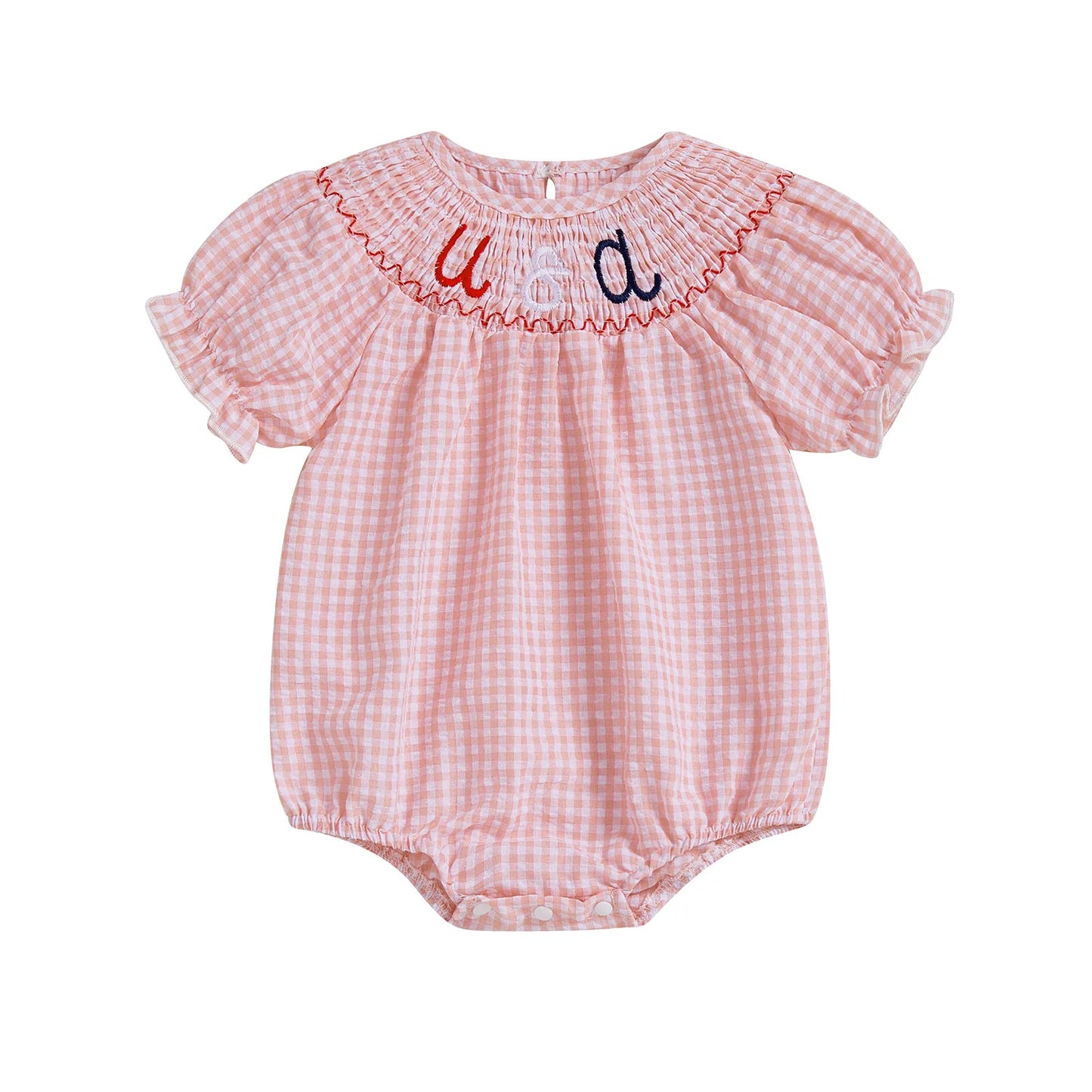 Baby Girls Independence Day Rompers - 3 Colors Letter Embroidery Plaid Print Short Sleeve Jumpsuits