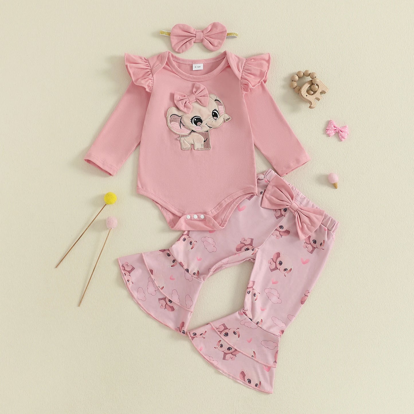 Baby Girls Fall Winter Clothes Set - Long Sleeve Bow Animal Embroidery Jumpsuit, Headband & Flared Pants