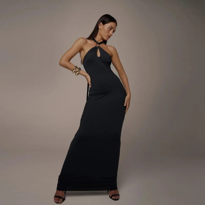 Women's Elegant Backless Halter Maxi Dress - Summer Party Club Gown