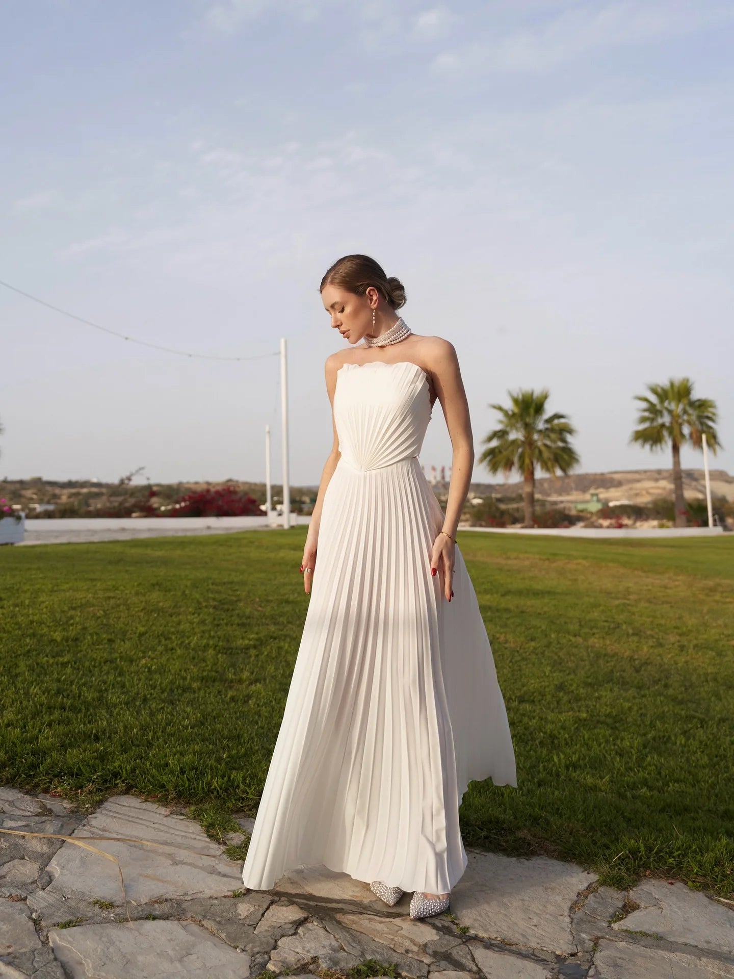 Women's Pleated Off Shoulder Maxi Dress - Backless Halter Party Dress