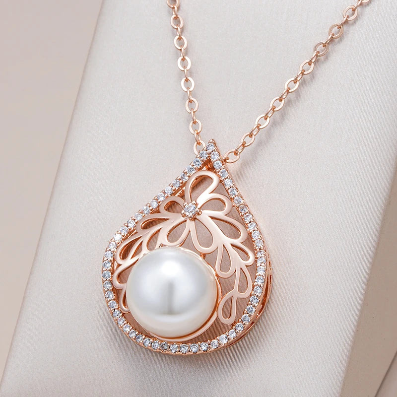 Pearl Big Pendant Necklace for Women 585 Rose Gold Colour With Natural Zircon