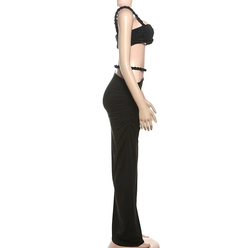 Women's Ruched Bandage 2 Piece Set Backless Decorative Cord Top and Skirt Dress Set