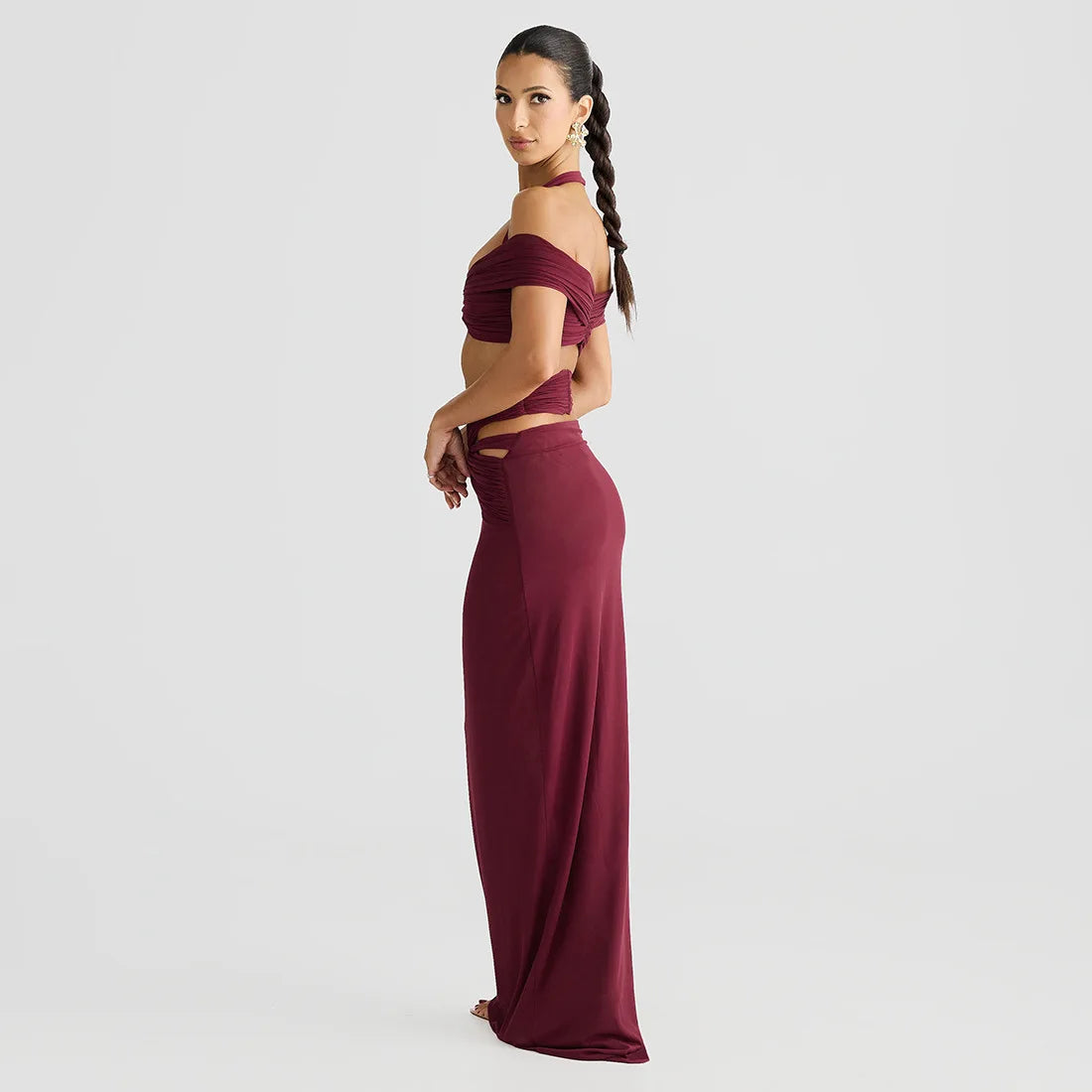 Women's Elegant Ruched Cut Out 2 Piece Dress Set - Halter Top & Maxi Skirt