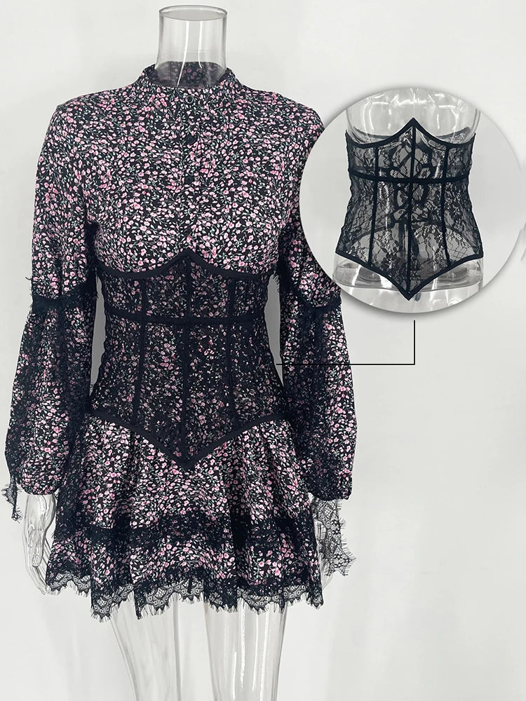 Women's V-Neck Printed Mini Lace Ruffled High Waist Long Sleeve Splice Contrast Slim Fit Bandage Dress