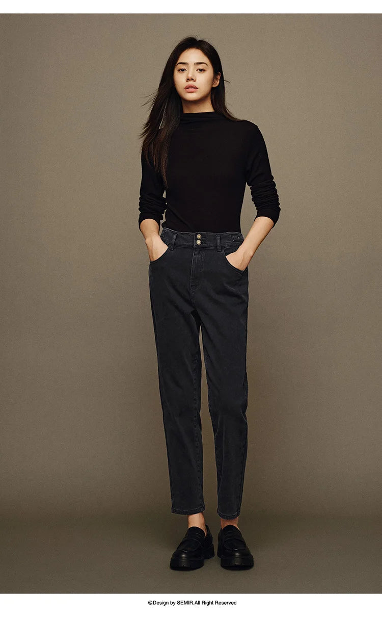 Women's Slim Fit Brushed Jeans - Tapered Winter Denim for Daily Wear