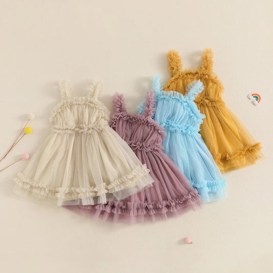Girls' Summer Princess Dress - Sleeveless Mesh Ruffled Lace Tulle Sundress
