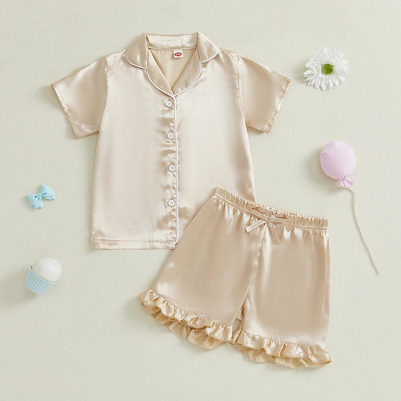 Baby Girls' Summer Pajamas Set - Button Down V-Neck Short Sleeve Top & Ruffled Shorts