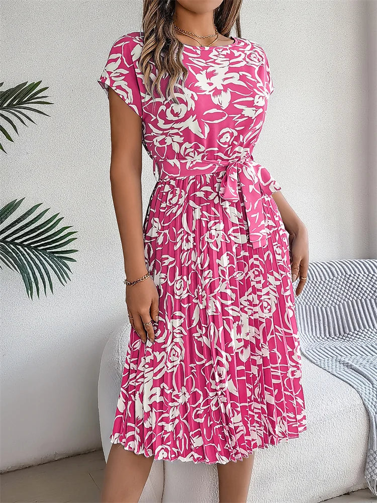 Women's Floral Pleated A Line Long Spring Summer Short Sleeve High Waist Chic Dress