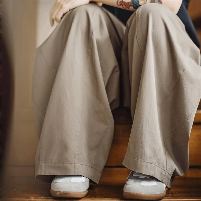 Women's Wide Leg Cargo Trousers - Khaki Elastic Waist Pocket Pants