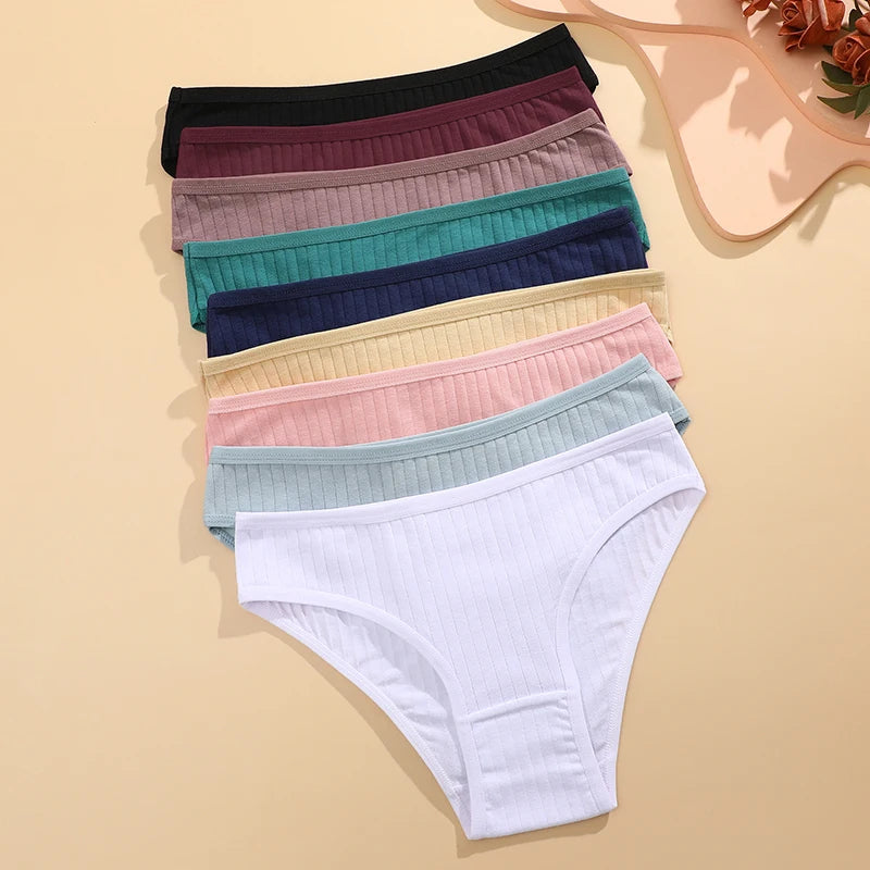 Women's 4Pcs Cotton Striped Underwear - Breathable Solid Briefs Low Waist Comfortable Stretch Lingerie
