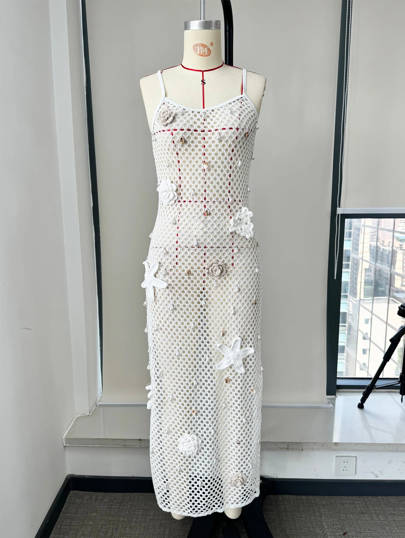 Women's Summer Pearl Crochet Dress knitting Sleeveless Halter Lace Up Patchwork Long Dress