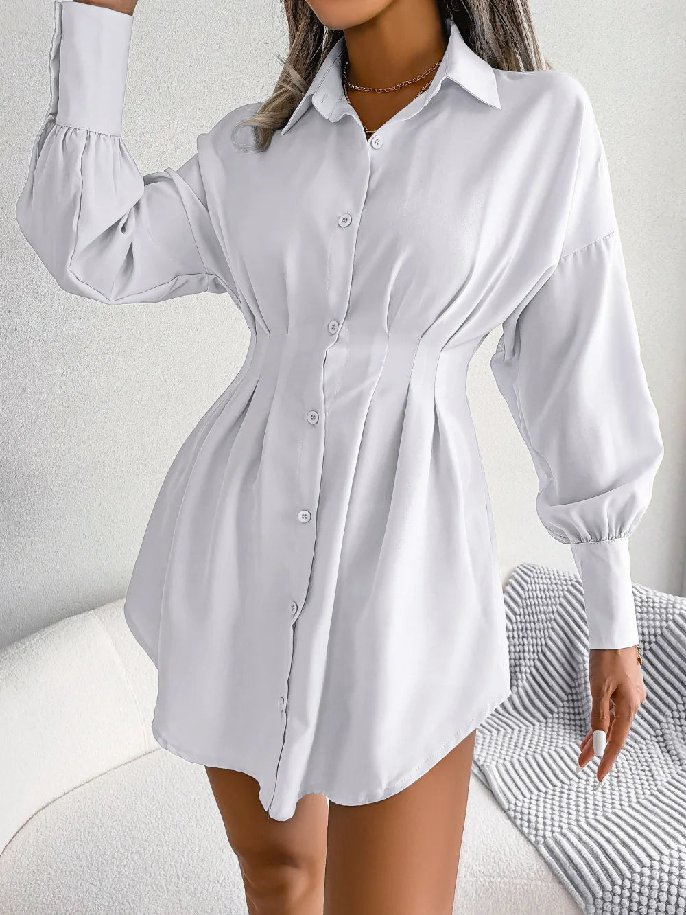 Women's Autumn Winter Casual Lantern Sleeve High Waist Asymmetric Dress Shirt Dress