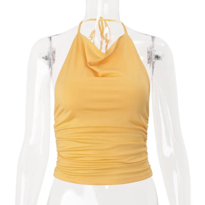 Women's Solid Halter Camisole Top Summer Outfit Backless Ruched Yellow Cropped Top Vest