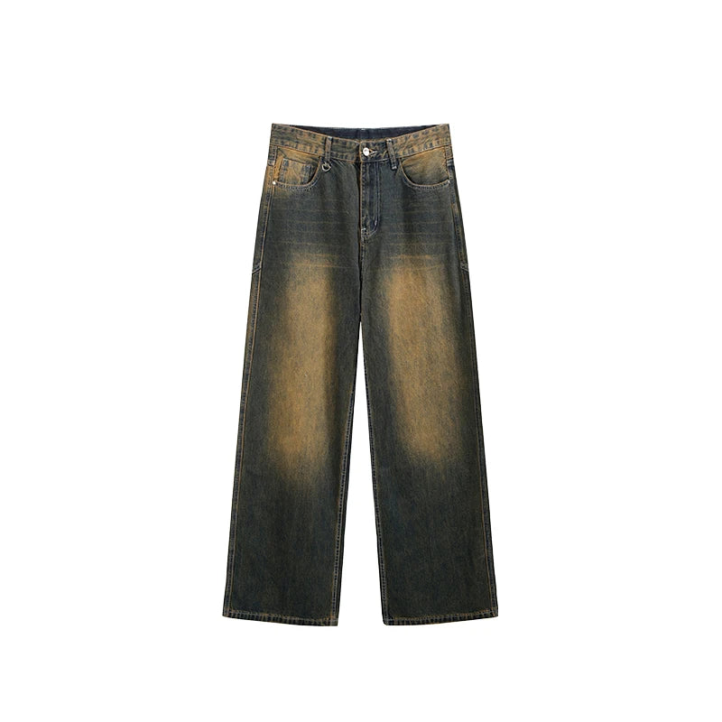 Unisex Retro Washed Jeans Stretch Straight Leg Denim Trousers
