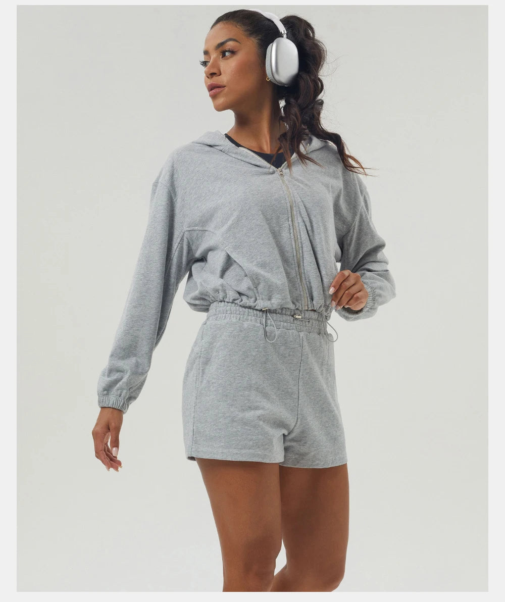 Women's Gym Running Suit Breathable Two Pieces Fitness Yoga Set Long Sleeve Hoodie Shorts Workout Sportswear