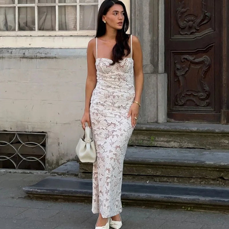Women's Elegant Slip Lace Hollow Out Maxi Party Club Backless Bodycon Dress