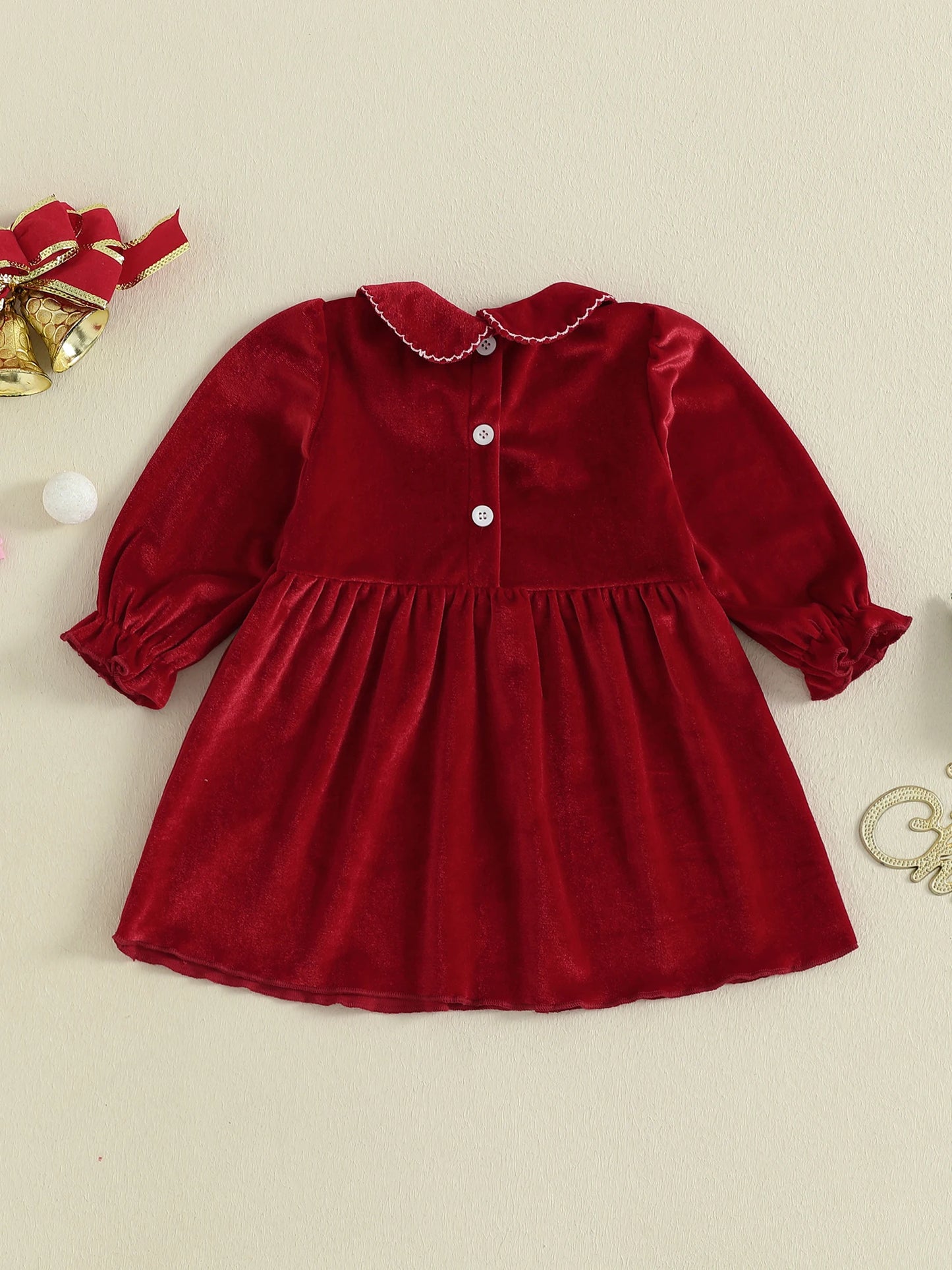 Lovely Kids Girls Christmas Velvet Dress - Xmas Tree Embroidery Doll Collar A-Line (0-4Y)