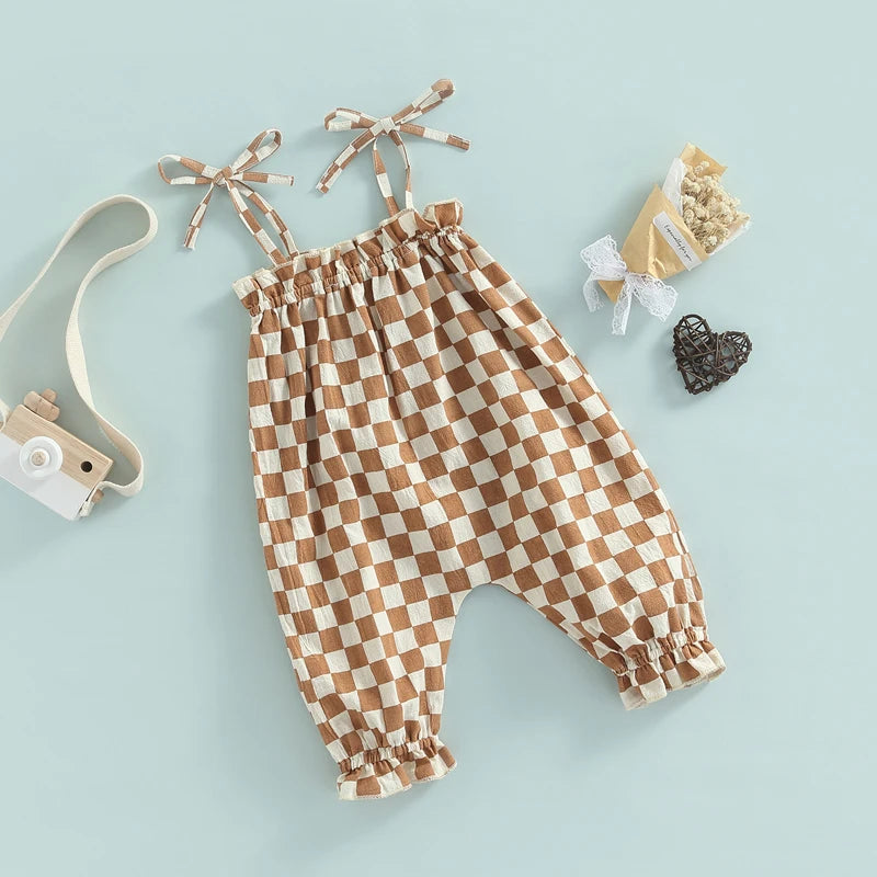 Summer Baby Girls Sweet Romper Clothing 0-24M Strap Sleeveless Lace Up Plaid Printed Jumpsuit