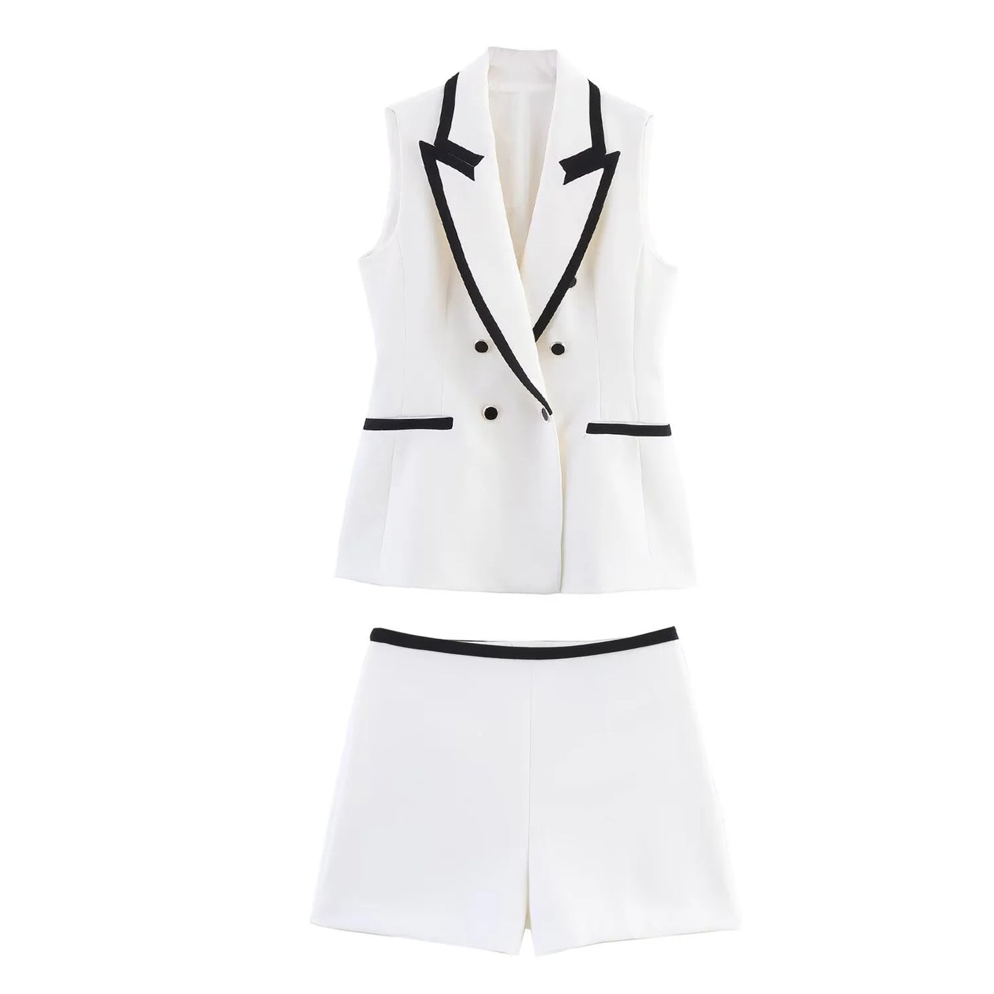 Women's Summer Colour Contrasting Edge Flip Collar Sleeveless Tank Top with Casual Shorts
