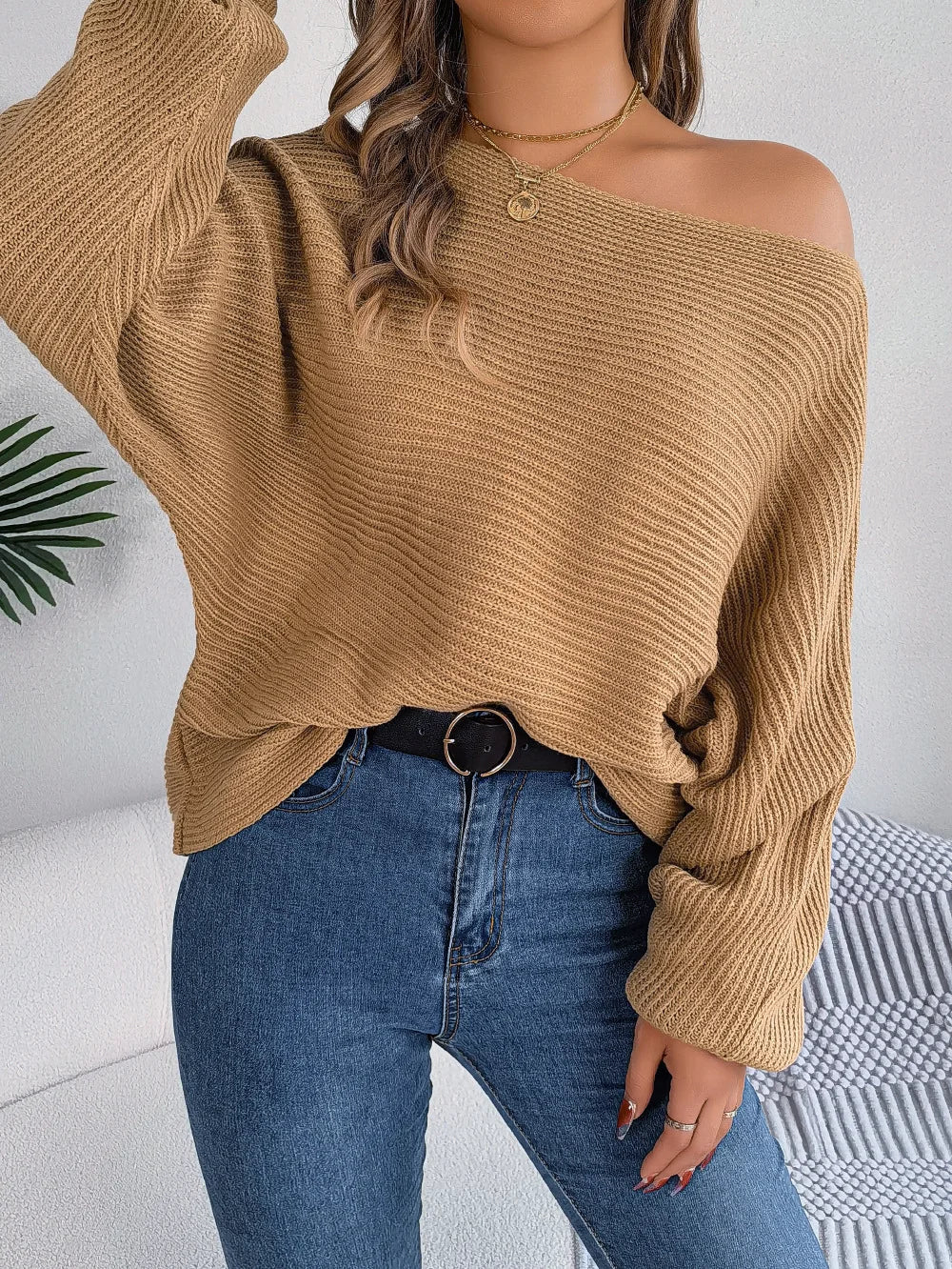 Women's Off the Shoulder Bat Sleeve Jumper - Stylish Winter Sweater