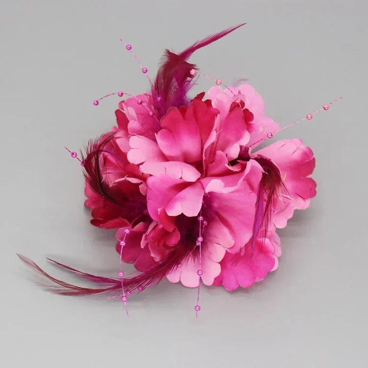 Handmade Fabric Flower Brooch - Pearl Feather Wedding Party Corsage
